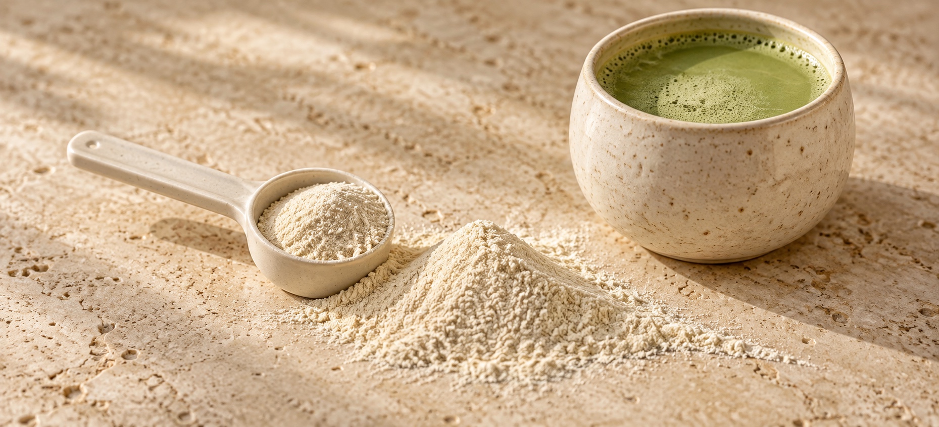Fine nutrition powder in an ivory scoop beside a prepared green matcha drink on pale stone