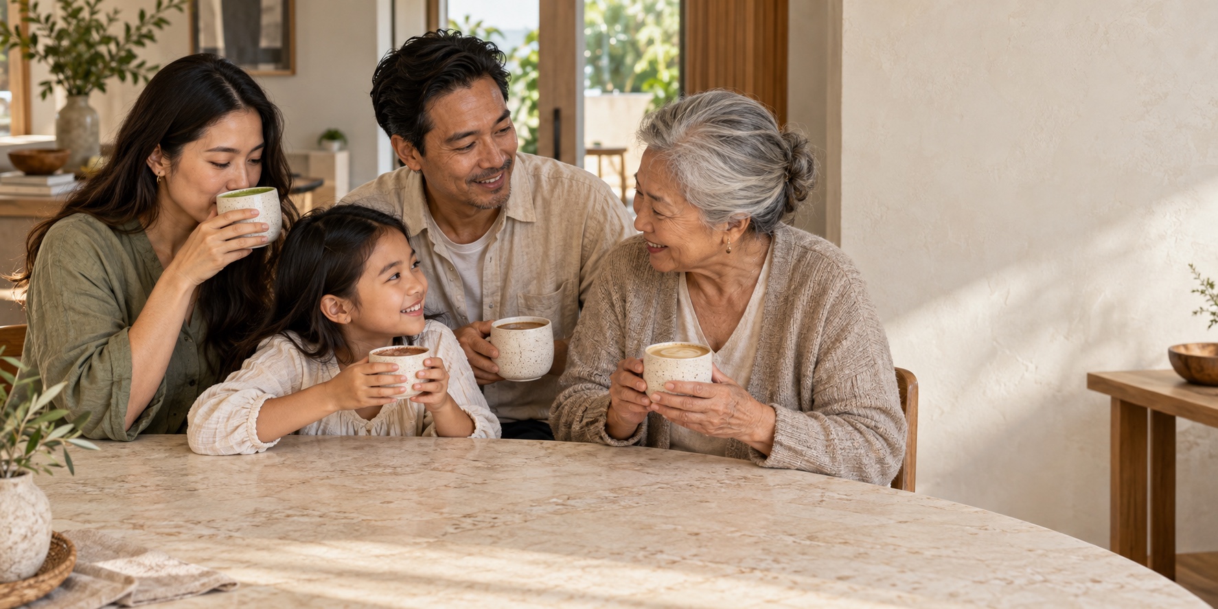 A child, an adult woman, an adult man and an older woman enjoying familiar drinks together around a sunlit table