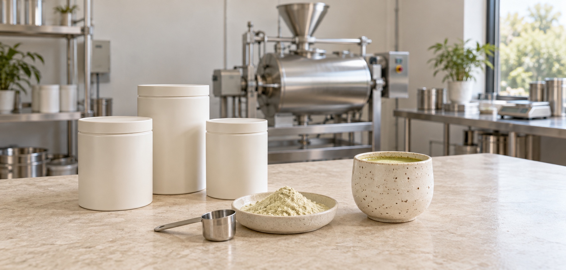 Nutrition powder and a prepared matcha drink beside powder blending equipment and sealed canisters
