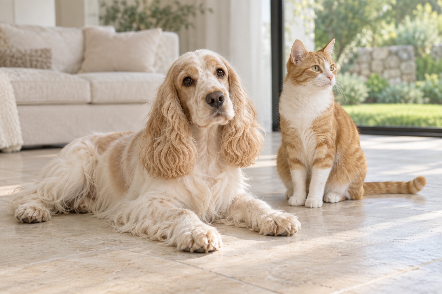 An alert dog and a relaxed cat together in a calm natural setting