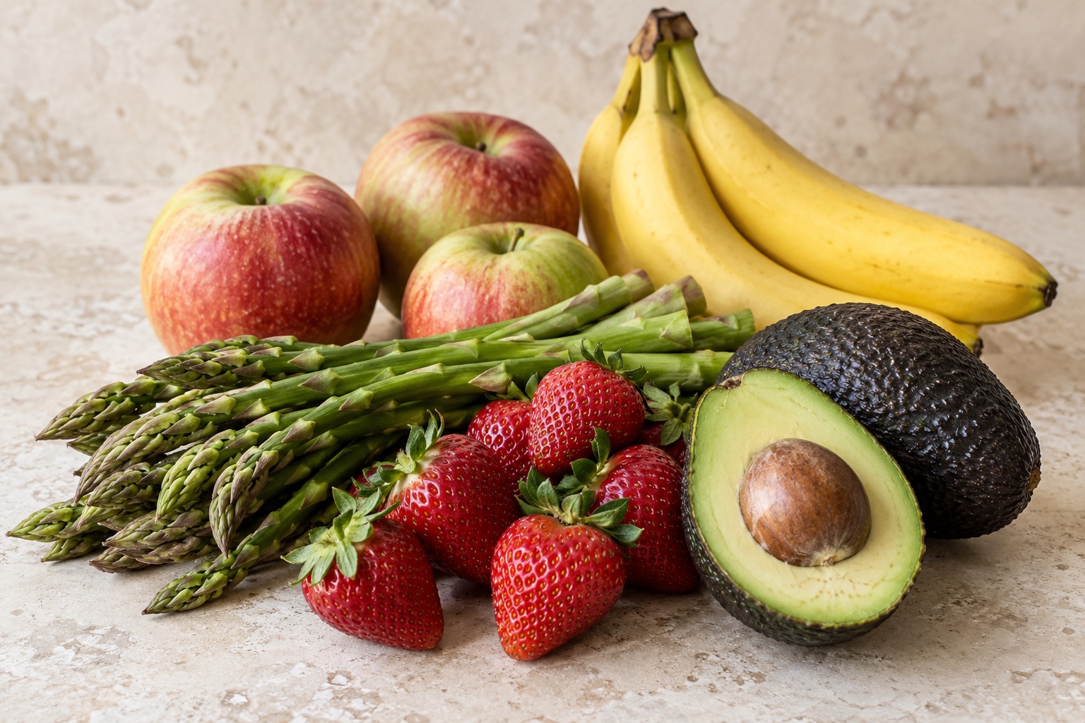 Fresh apples, bananas, asparagus, strawberries and avocados arranged on pale limestone