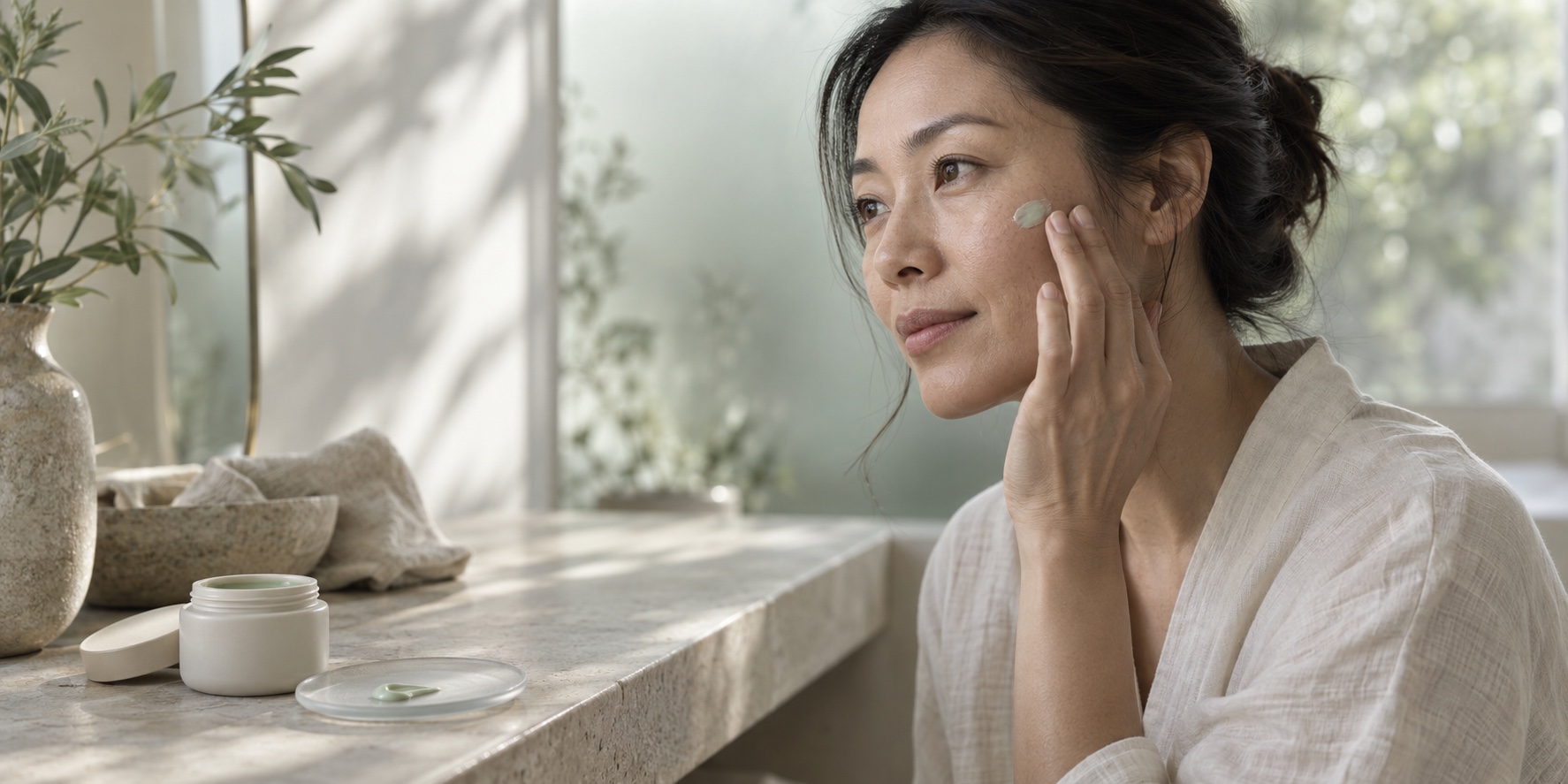 A woman gently applying pale sage cream to her cheek in soft daylight, beside an ivory pot on a stone vanity