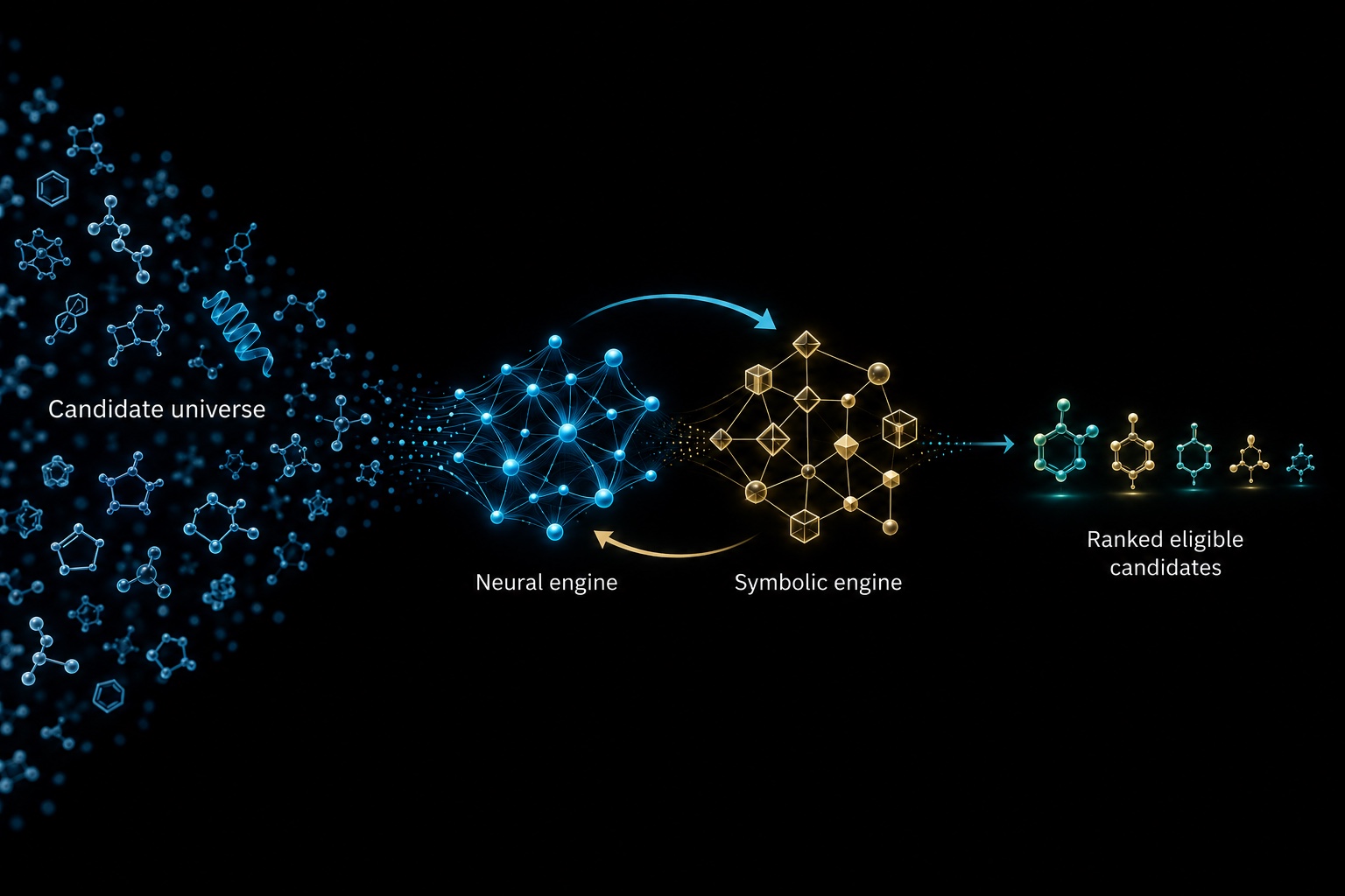 Neural and symbolic engines jointly explore and evaluate the candidate universe to produce ranked eligible candidates.