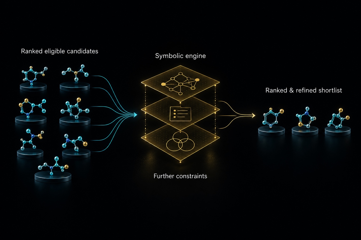 Further symbolic evaluation ranks and refines eligible candidates into a shortlist for lab testing.