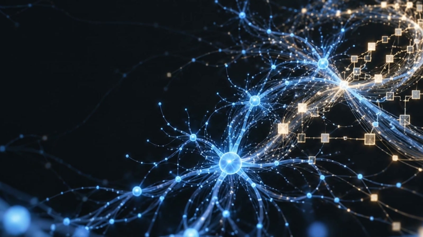Blue neural connections and golden symbolic pathways woven into a continuous feedback loop