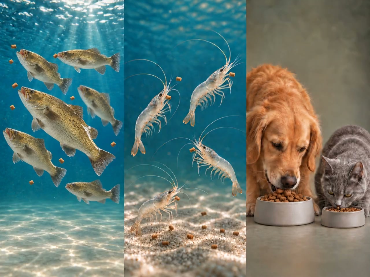 Golden barramundi, shrimp, and a dog and cat feeding