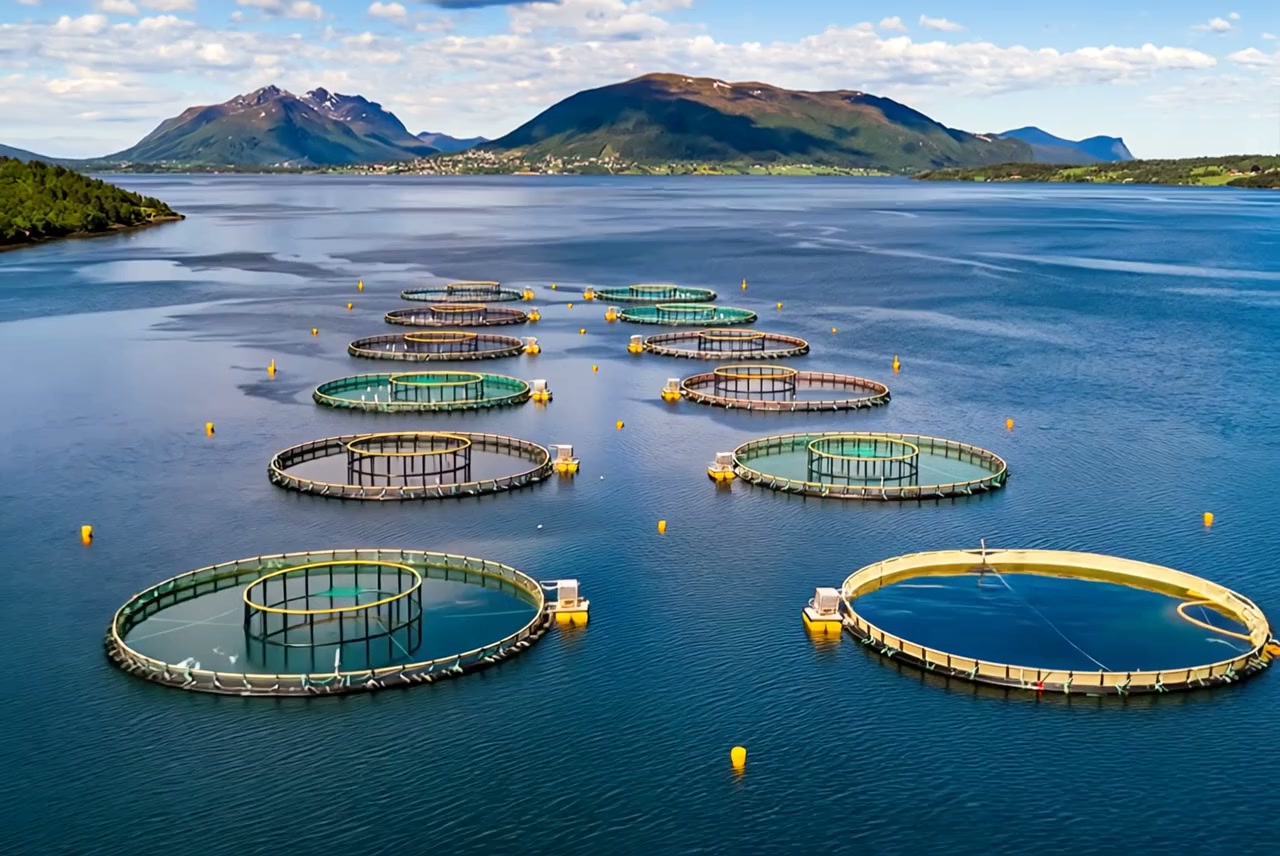 Aquaculture pens in open coastal waters, viewed from above