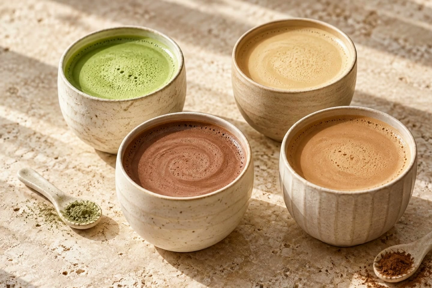 Matcha, malt, chocolate and coffee drinks in four ivory ceramic cups