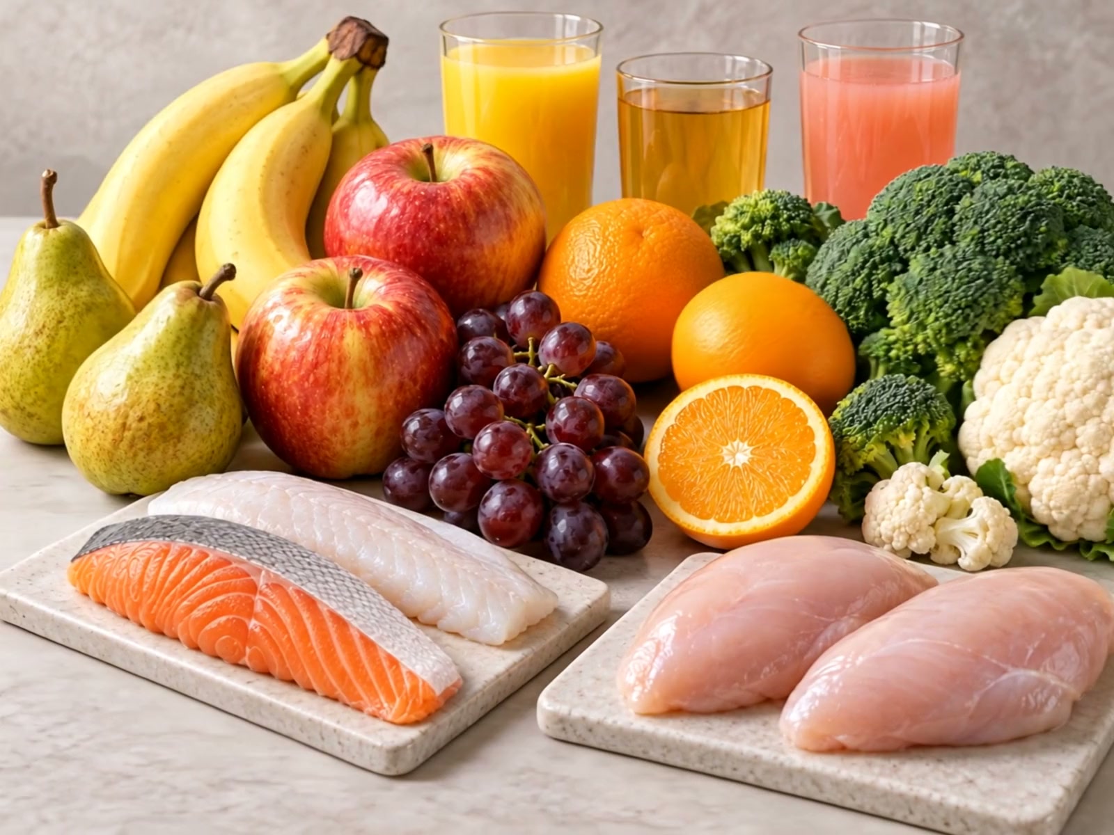 Fresh fruit, vegetables and juices with salmon, white fish and chicken