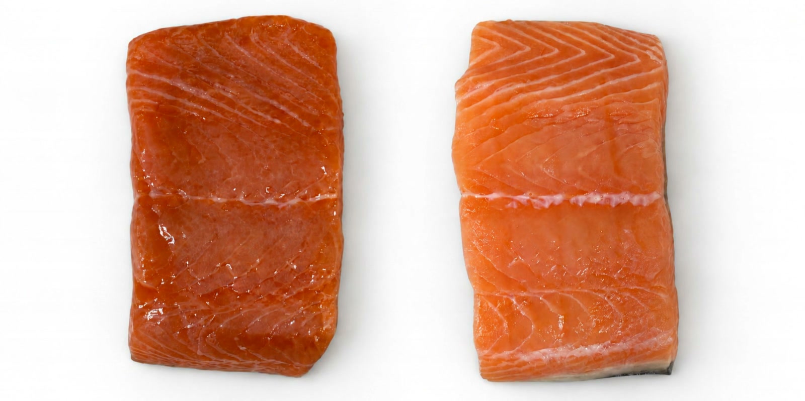 Animated salmon-fillet preservation comparison: untreated on the left, preserved on the right