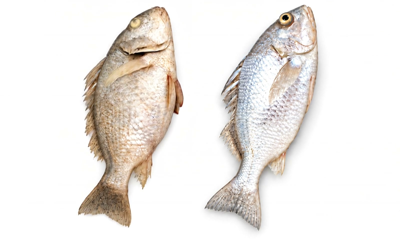 Animated whole-fish preservation comparison: untreated on the left, preserved on the right