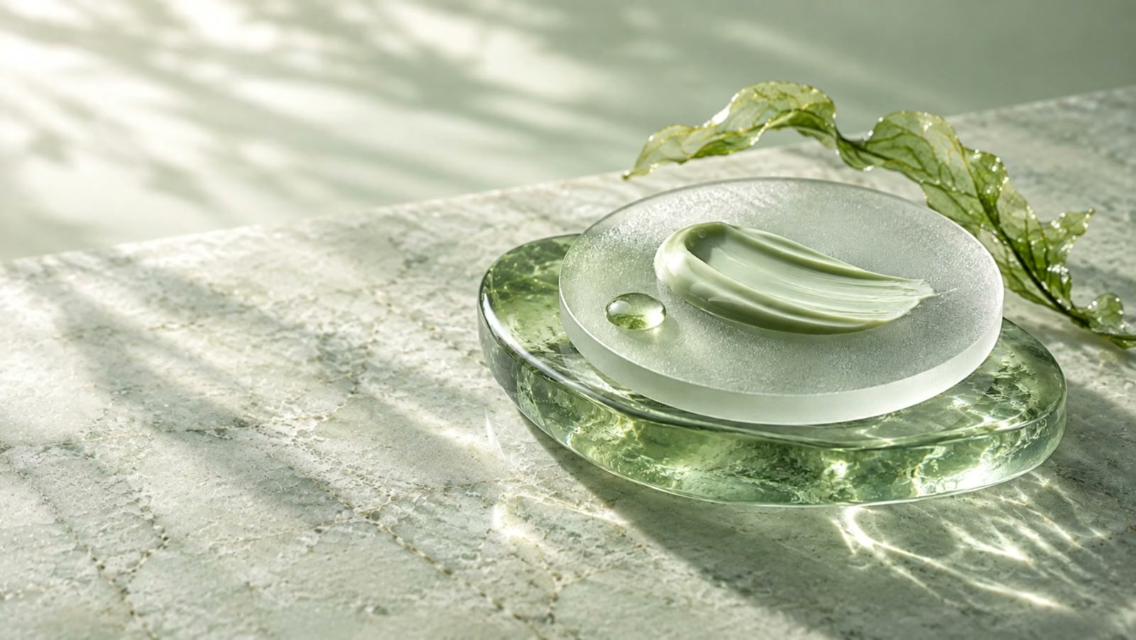 Pale green skincare cream on frosted glass beside a delicate algae frond