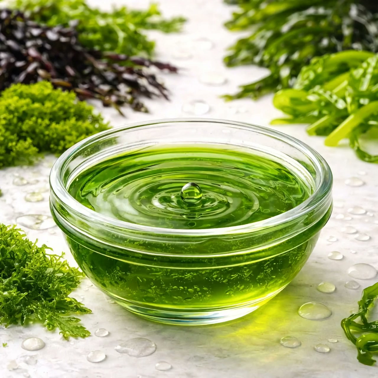 Gentle ripples in a bowl of green algae-derived ingredient, surrounded by fresh seaweed